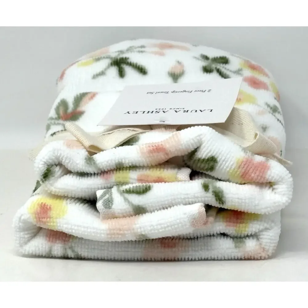 Laura Ashley Fingertip Tip Towels Set Evie Floral 2 Pcs Peach Yellow NWT